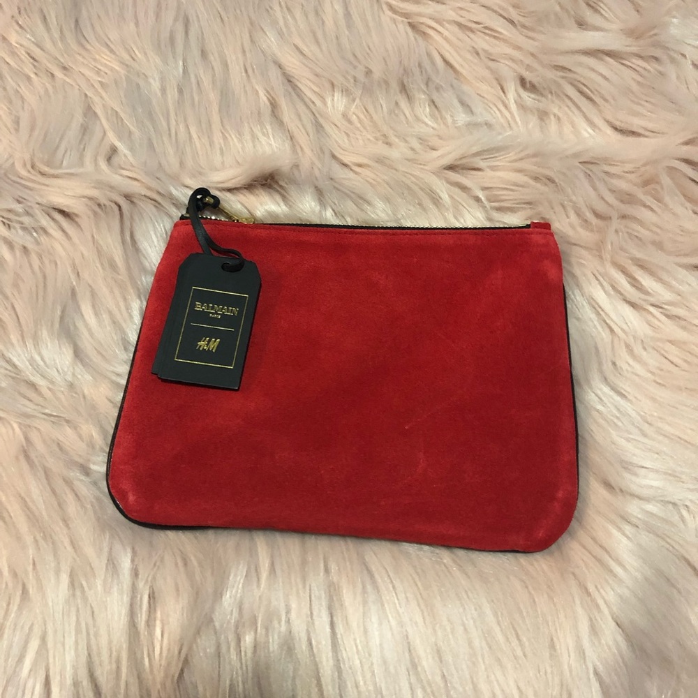 Balmain x H&M red clutch